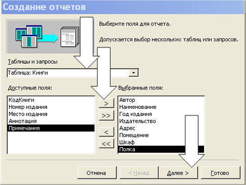 Выбор полей для отчета